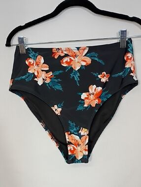 NWT Cupshe High-Waist Floral Swim Bottom Black with Orange & Teal Flowers Sz Med